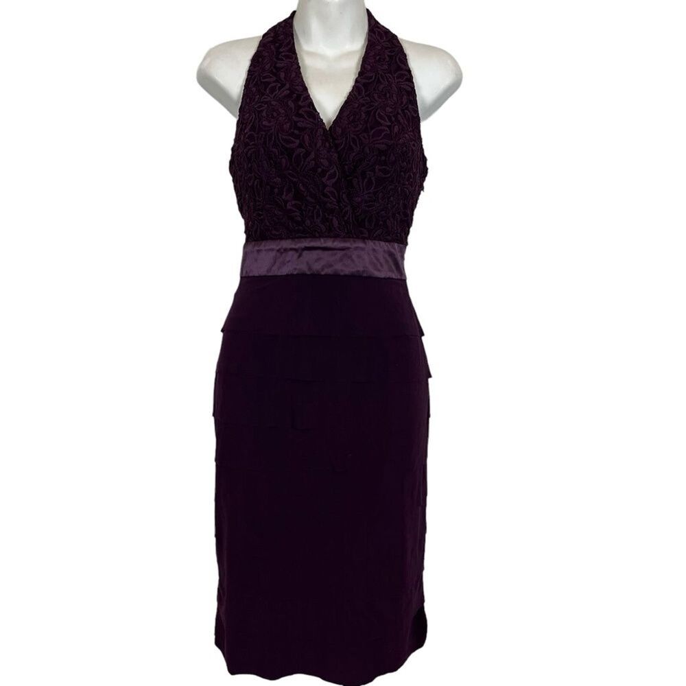 Jones Wear Womens Tiered Plum Purple Lace Y2K Halter Sleeveless Party Dress 4